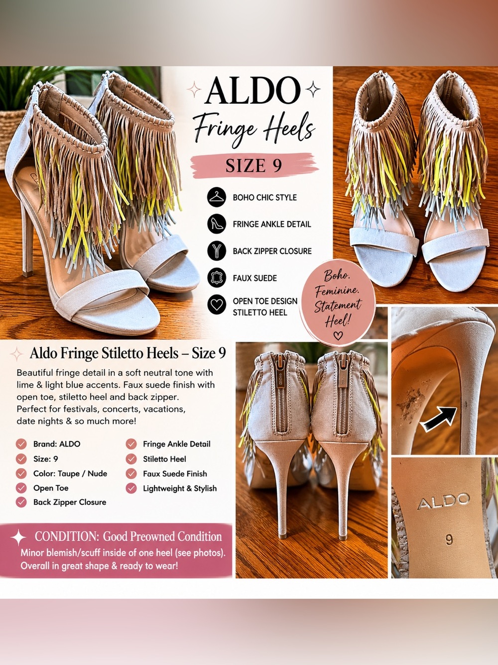 ALDO Taupe Fringe Stiletto Heels with Yellow & Light Blue Accents Size 9